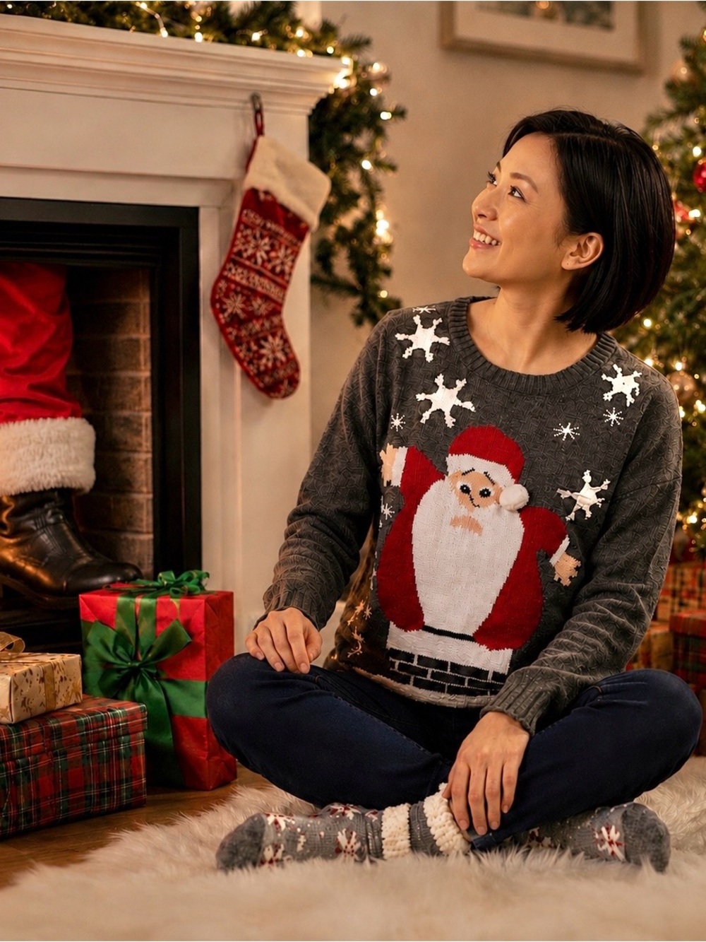 Carolyn Taylor Ugly Christmas Sweater Santa In Chimney Crotched Snowflakes Sz M
